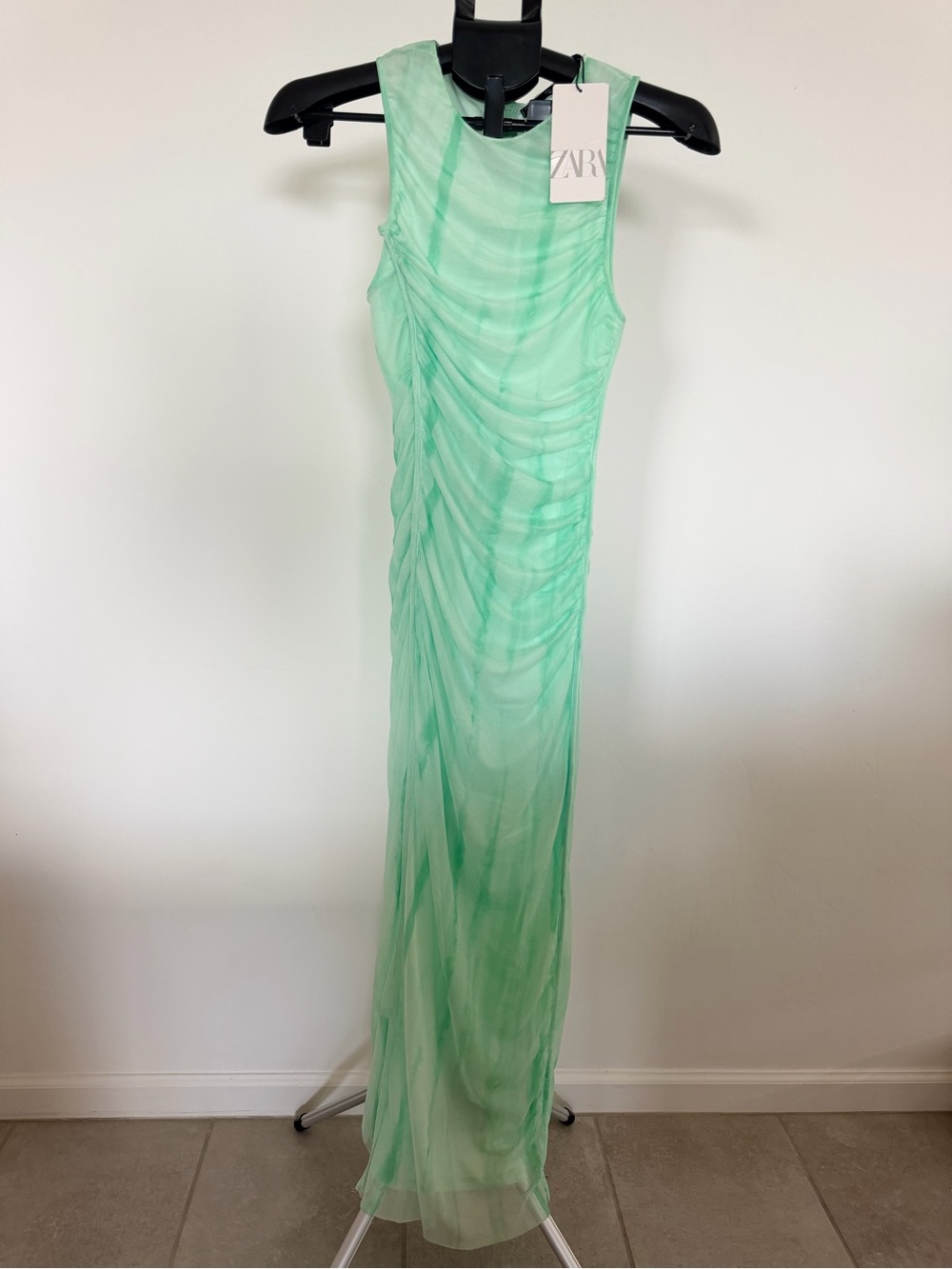 Zara Mint Green Ruched Sheer Maxi Dress